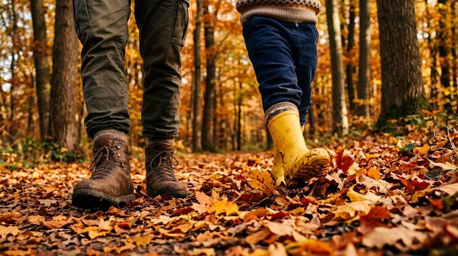 Boots walking on autumn maple leaves.