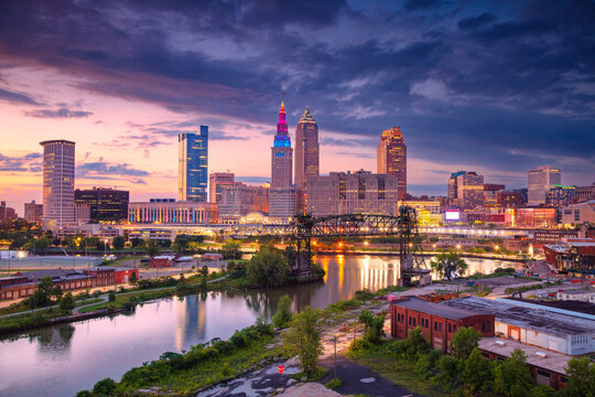 Cleveland, Ohio, USA. Aerial cityscape image of Cleveland, Ohio at beautiful summer sunset.