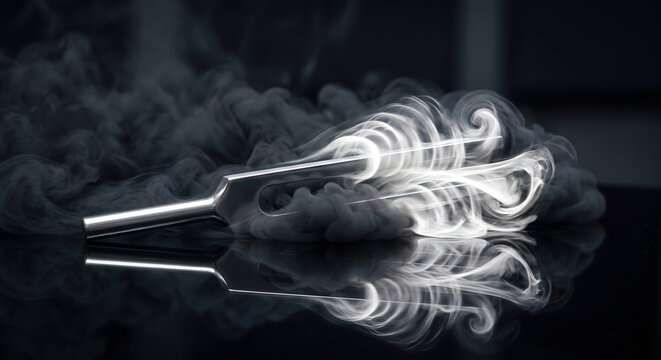 Metal tuning fork visualizing sound waves with swirling smoke