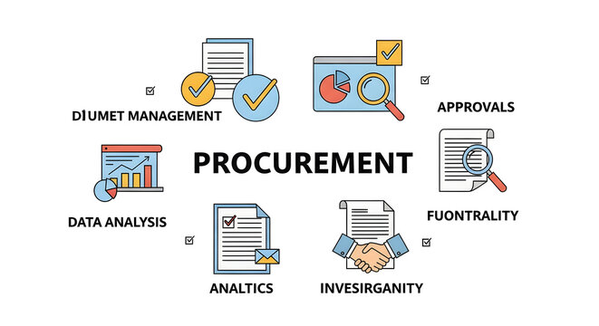 Infographic Set Illustrating Various Procurement Management Processes and Business Workflow Automation Concepts