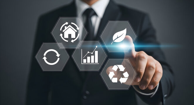 Businessman interacting with sustainability and green energy digital interface icons for environmental growth management