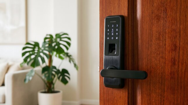 Modern home entry with a smart lock and a vibrant monstera plant indoors