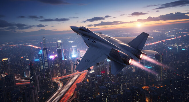 Futuristic stealth jet fighter flying over modern city skyline at sunset with motion blur effect