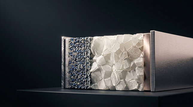 A high-tech battery structure is displayed in a cross-section, revealing intricate layers of granular material and a honeycomb-like component.