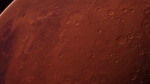 The surface of Mars is visible with craters and rocky areas during a space observation. This scene highlights the planets red and dusty landscape from a distance in space.