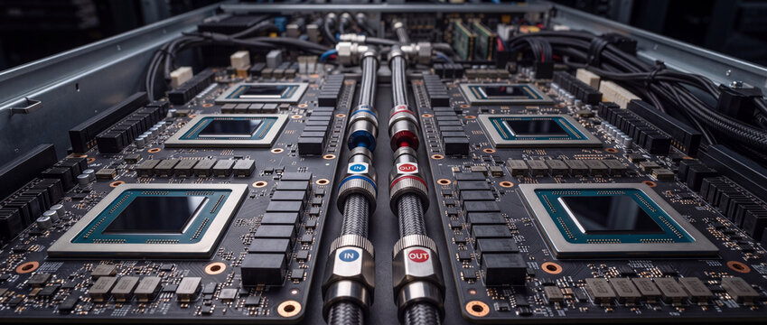 Liquid cooling pipes on server motherboard with high performance processor chips, metallic fittings, and black circuit board for data center artificial intelligence infrastructure