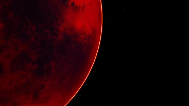 The planet Mars appears in view from space. The surface shows features with a bright red color. The background is dark with tiny stars, creating a contrast with Mars.