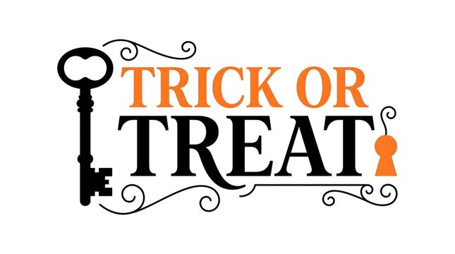 Decorative trick or treat text design featuring a vintage black key illustration isolated on a clean white background
