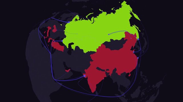 Energy export map tracks oil shipment routes from Russia across Eurasia in a stylized 3D animation with vibrant green and red territories