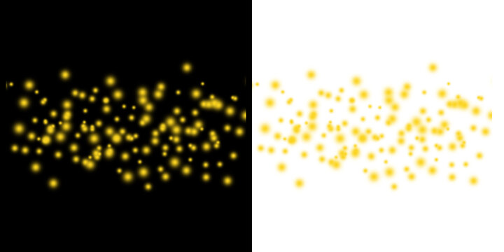 Golden yellow glowing particle dots and glittering dust texture. Featuring luminous floating sparkles, magic bokeh scatter and festive light effect. Transparent Background