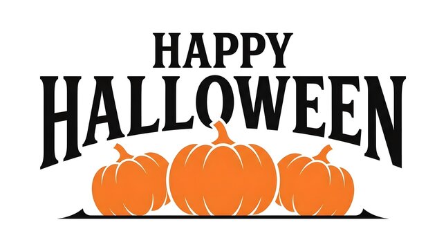 Happy halloween greeting card design featuring bold black typography and three orange pumpkins isolated on a white background