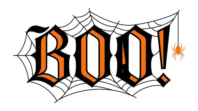 A festive halloween graphic featuring the word boo written in a spooky gothic font with spider webs and spiders