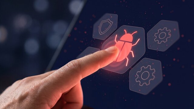 Computer Bug and Malware Virus Cybersecurity Concept, hand touching red bug icon with shield and gear for software error debugging cyber threat hacking security technology and data protection