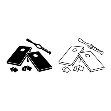 cornhole board set icon with line art and silhouette vector design for recreational games line art with silhouette vector