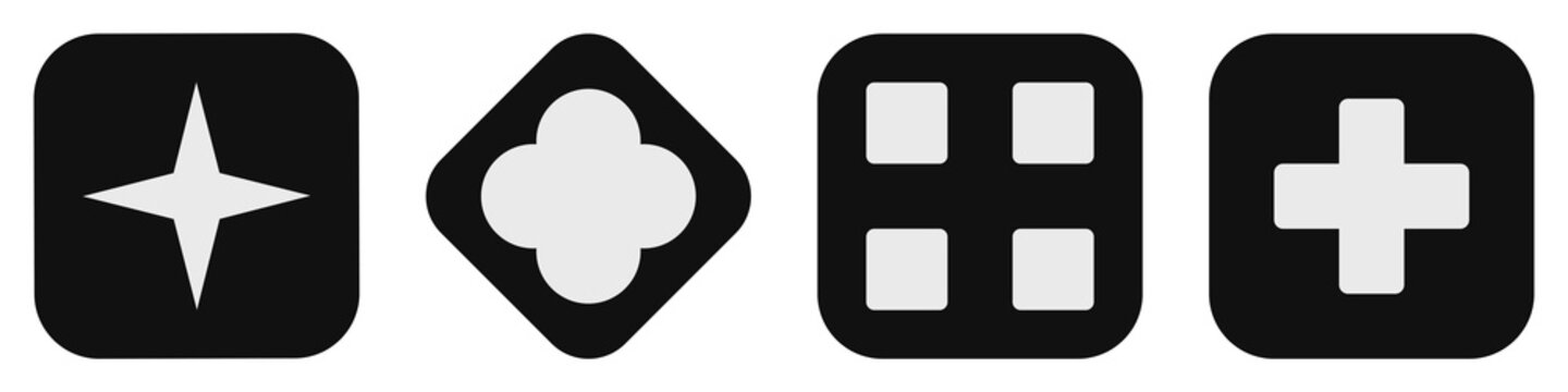 Set of four rounded square icons with various symbols including star, clover, grid, and plus sign isolated on transparent background