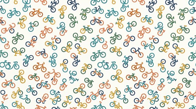 Colorful bicycle line art seamless pattern on white.
