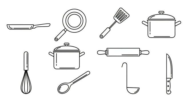 Set of kitchen utensils and cookware icons including pan pot spatula whisk rolling pin and knife