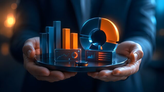 Businessman hands holding a futuristic 3D financial dashboard with glowing blue and orange bar charts pie chart and market data analytics.
