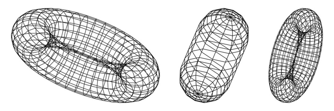 Set of three wireframe torus shapes in different perspectives isolated on transparent background