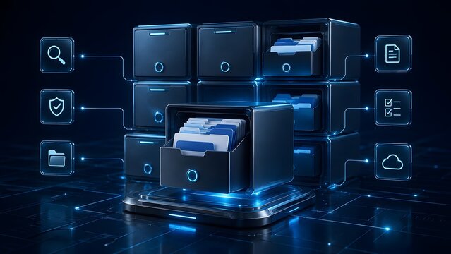 Futuristic digital filing cabinet concept representing cloud storage, secure data management, and electronic document archiving