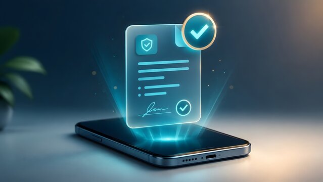 Smartphone projecting a glowing holographic document with a digital signature and checkmark for secure electronic contracts and approval