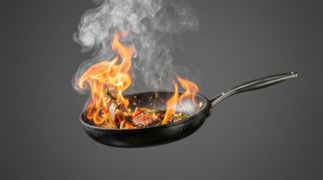 A stir fry with meat and vegetables is being cooked in a hot pan with flames and smoke