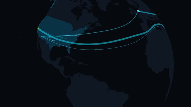 Global semiconductor supply chains link North American chip designers to European hubs in a high-tech 3D render with glowing cyan transit arcs
