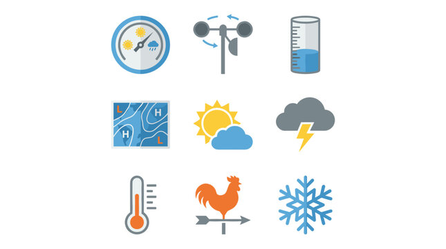 Flat design weather icons set: barometer, anemometer, rain gauge, weather map, sun, storm, thermometer, weathervane, snowflake