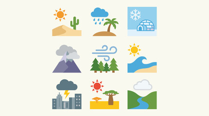 Fototapeta premium Set of nine flat design weather icons including desert, rain, snow, mountains, wind, beach, city storm, savanna, and river.
