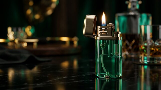 Flaming lighter with alcohol and bokeh lights background