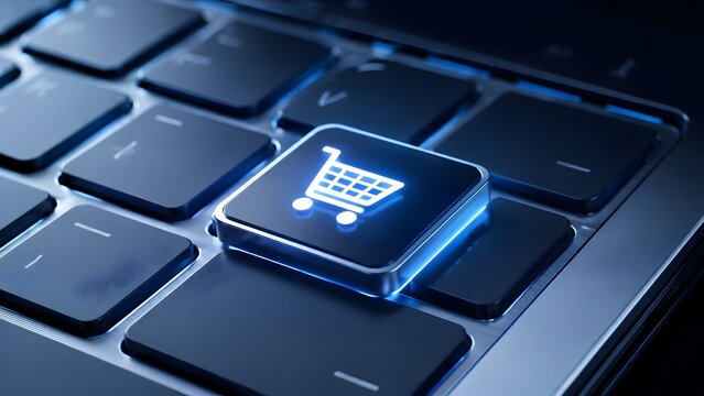 Glowing blue shopping cart icon on a computer keyboard key representing online shopping e-commerce and digital retail business
