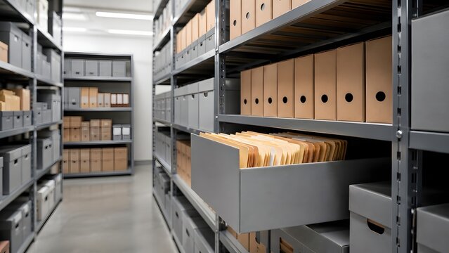 Open drawer with organized manila folders in a large physical archive room filled with metal shelves and cardboard storage boxes