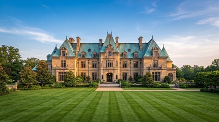 Obraz premium castle in the park Luxurious European Mansion Estate with Green Lawns