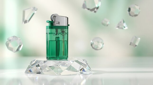 Green lighter with floating diamonds on clean surface