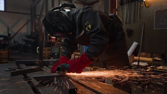 Professional welder using angle grinder on metal structure in slow motion, creating bright sparks. Clip is ideal for industrial manufacturing promos and vocational training videos