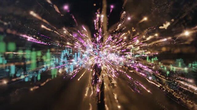Stock market data flow abstract light burst golden purple motion blur digital chart glowing candlestick graph neon network bar chart on dark background for SEO storage