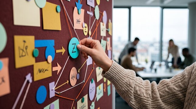 Strategic mind map on office corkboard, hand organizing colorful sticky notes and flowcharts, creative project planning and team collaboration