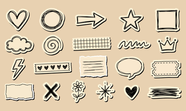 hand drawn doodle stickers and icons for scrapbooking design.