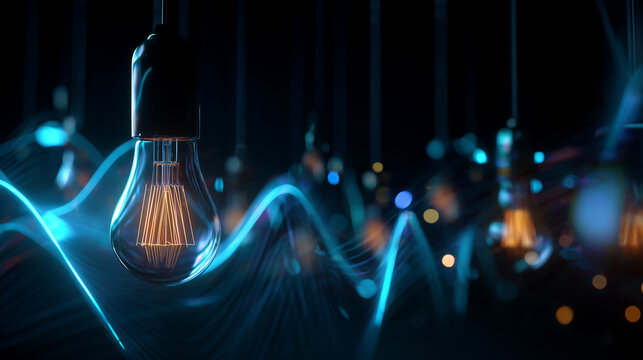 Single lit vintage light bulb hanging in darkness, surrounded by glowing abstract wavy blue light streaks, representing innovation, ideas, creativity, inspiration, and bright future.