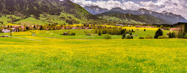 Naklejka premium Panorama Landschaft im Allgäu mit Frühlingswiesen und Blick über Trauchgau