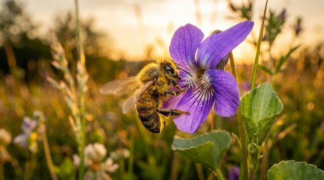 Close up perspective of a hairy honeybee harvesting nectar from a wild violet wildflower featuring spiky details against a warm glowing setting bee purple thistle flower macro insect wild bloom