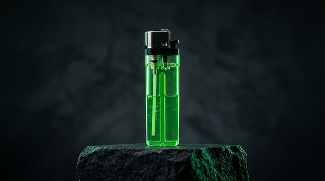 Transparent green lighter on dark textured surface