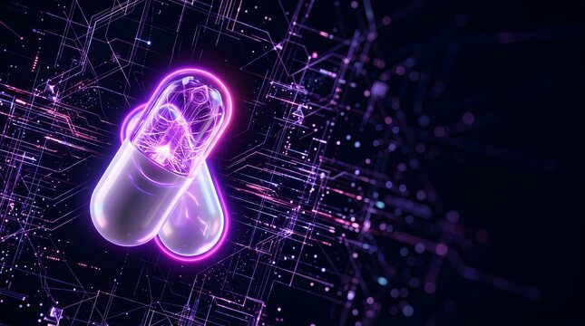 Glowing medical pill with lung anatomy inside on a digital circuit board