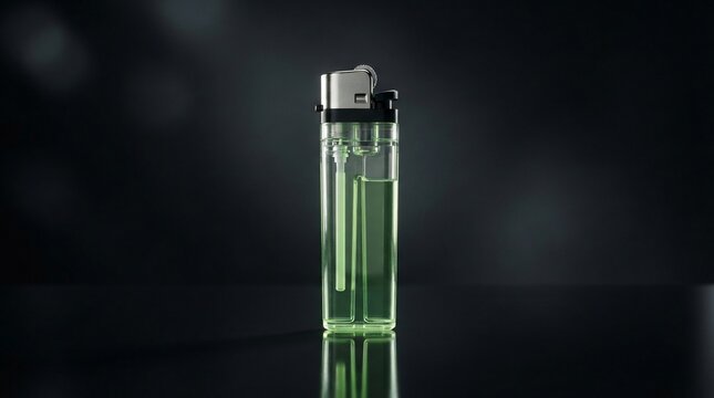 Transparent green plastic lighter filled with fuel on reflective dark surface