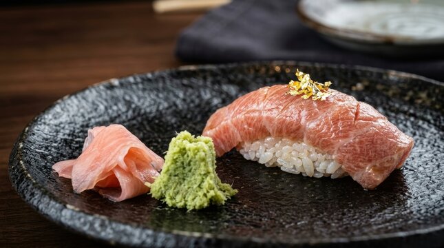 A single piece of premium tuna nigiri sushi adorned with gold leaf served with pickled ginger and wasabi