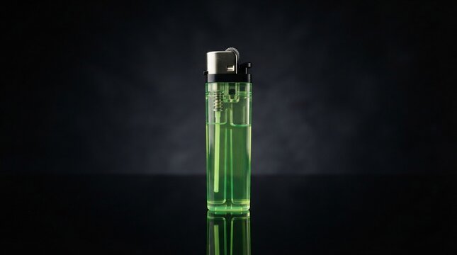 Transparent green plastic lighter with metallic top and reflection