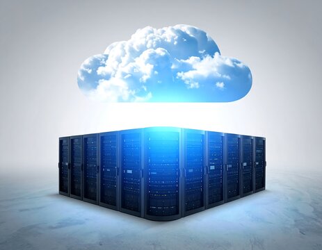 Cloud Data Hub with Connected Digital Network and Secure Cloud Computing Infrastructure on Light Gray Background