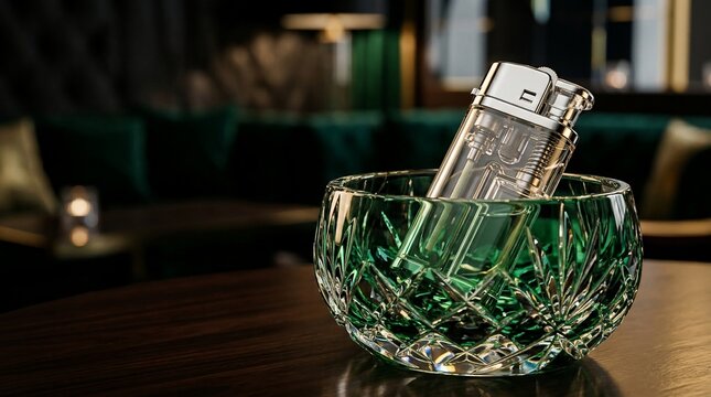 Transparent lighter resting in ornate crystal bowl