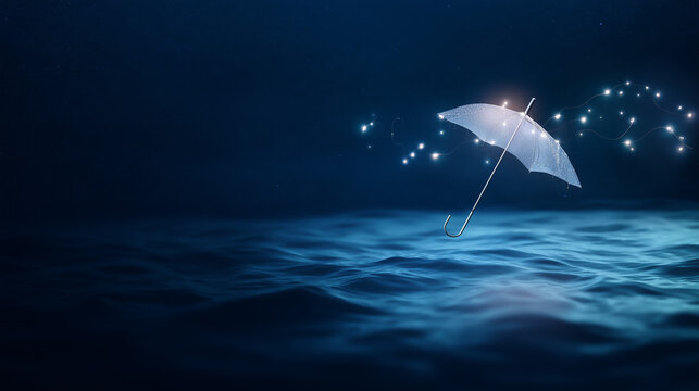 Conceptual image of a transparent umbrella floating above dark blue sea water, surrounded by magical glowing fireflies, symbolizing protection, dreams, and fantasy in the night.