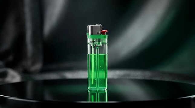Transparent plastic lighter filled with green fluid reflecting light